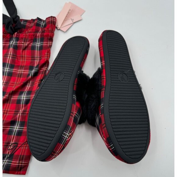 Victorias Secret Signature Satin Plaid Slippers & Drawstring Bag Set Red/Black - Picture 7 of 8